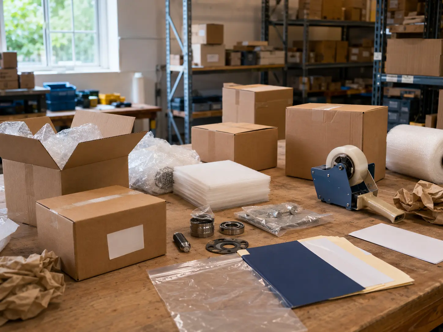 Industrial parts being prepared with everyday small-business packaging materials